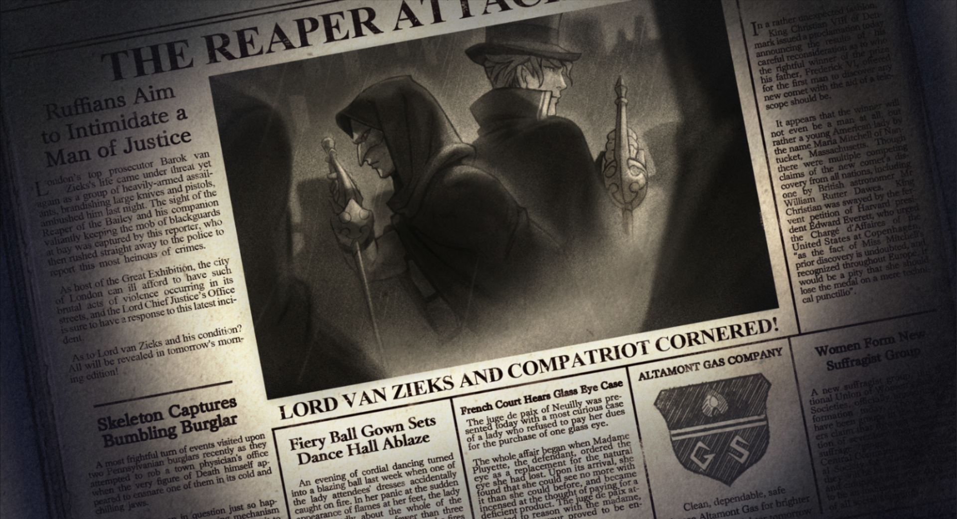 A newspaper article about the attack on Barok van Zieks with the headline 'THE REAPER ATTACKED'. A black and white photograph in the article depicting van Zieks and his masked, hooded companion is captioned 'LORD VAN ZIEKS AND COMPATRIOT CORNERED!'.