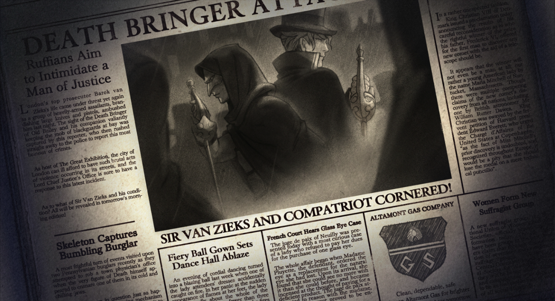 A newspaper article about the attack on Barok van Zieks with the headline 'DEATH BRINGER ATTACKED'. A black and white photograph in the article depicting van Zieks and his masked, hooded companion is captioned 'SIR VAN ZIEKS AND COMPATRIOT CORNERED!'.