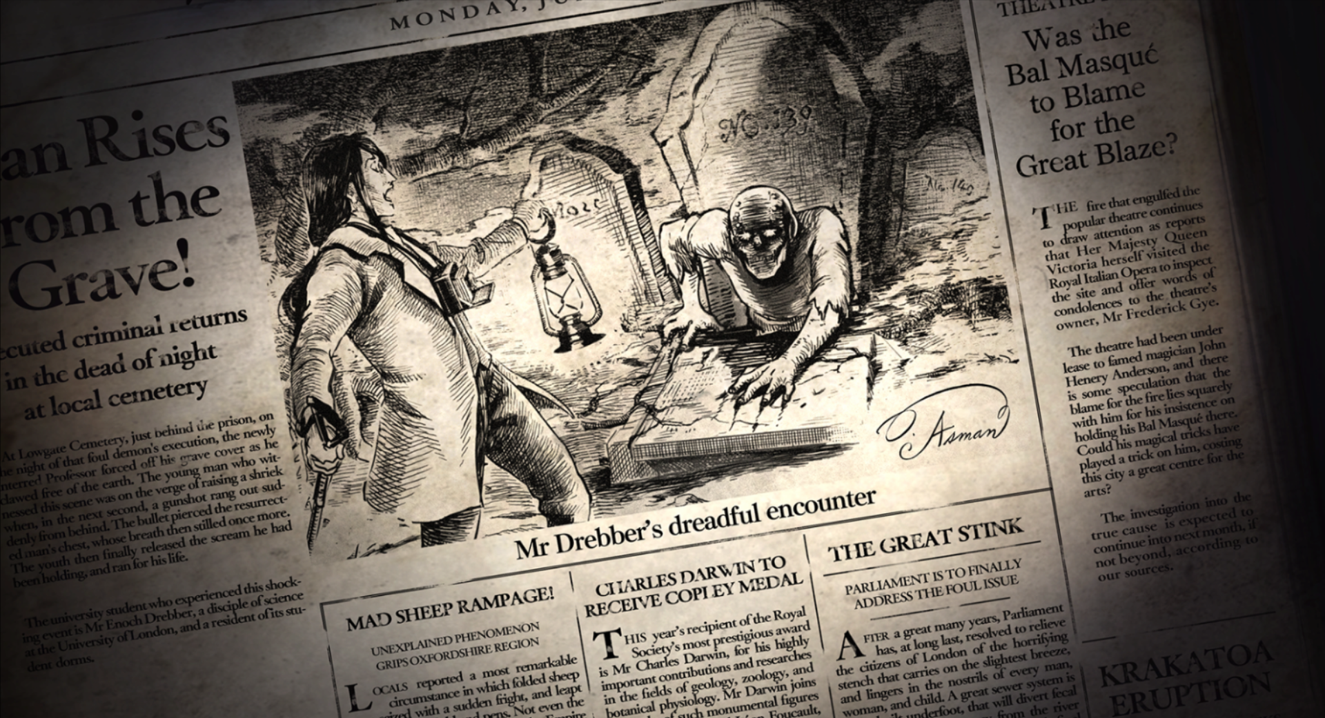 A newspaper article about the night of the Professor's execution with the headline 'Man Rises from the Grave!' A black and white sketch of a man holding a lantern up to a shadowy figure emerging from a grave is featured prominently. The sketch is captioned 'Mr Drebber's dreadful encounter' and signed 'O. Asman' in the bottom right corner.
