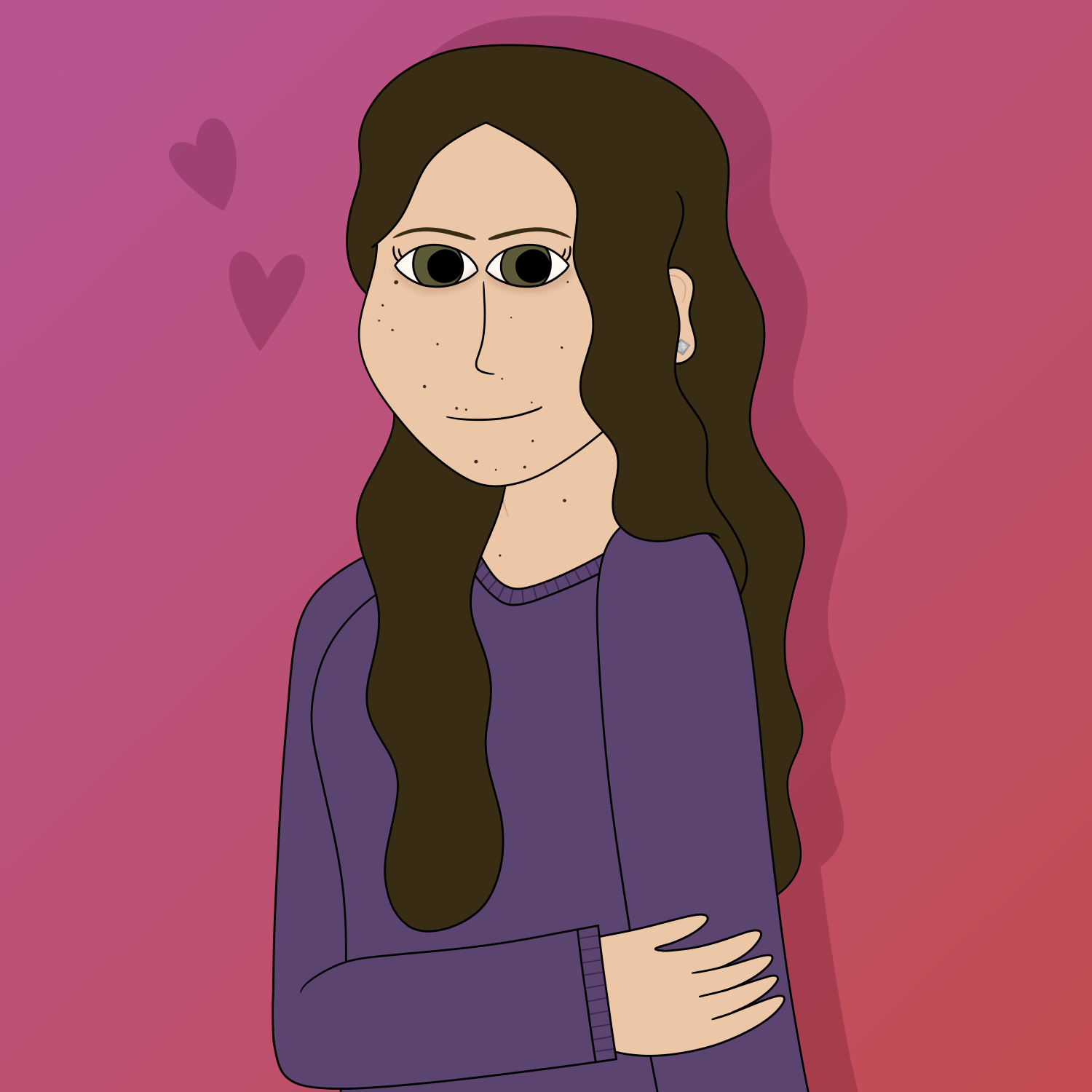 A self-portrait of Steamed Sams, a fair-skinned woman with long, wavy brown hair. She is wearing a purple sweater.