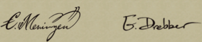 Two signatures, one reading 'E. Meningen' and one reading 'E. Drebber'.